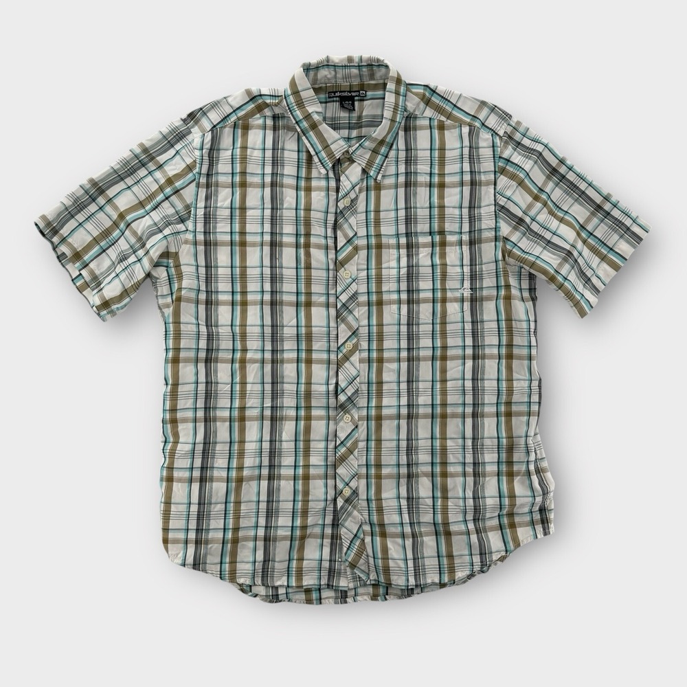 Quiksilver Mens Large Plaid Button Up Short Sleeve Cotton Shirt‎ Y2K Multicolor